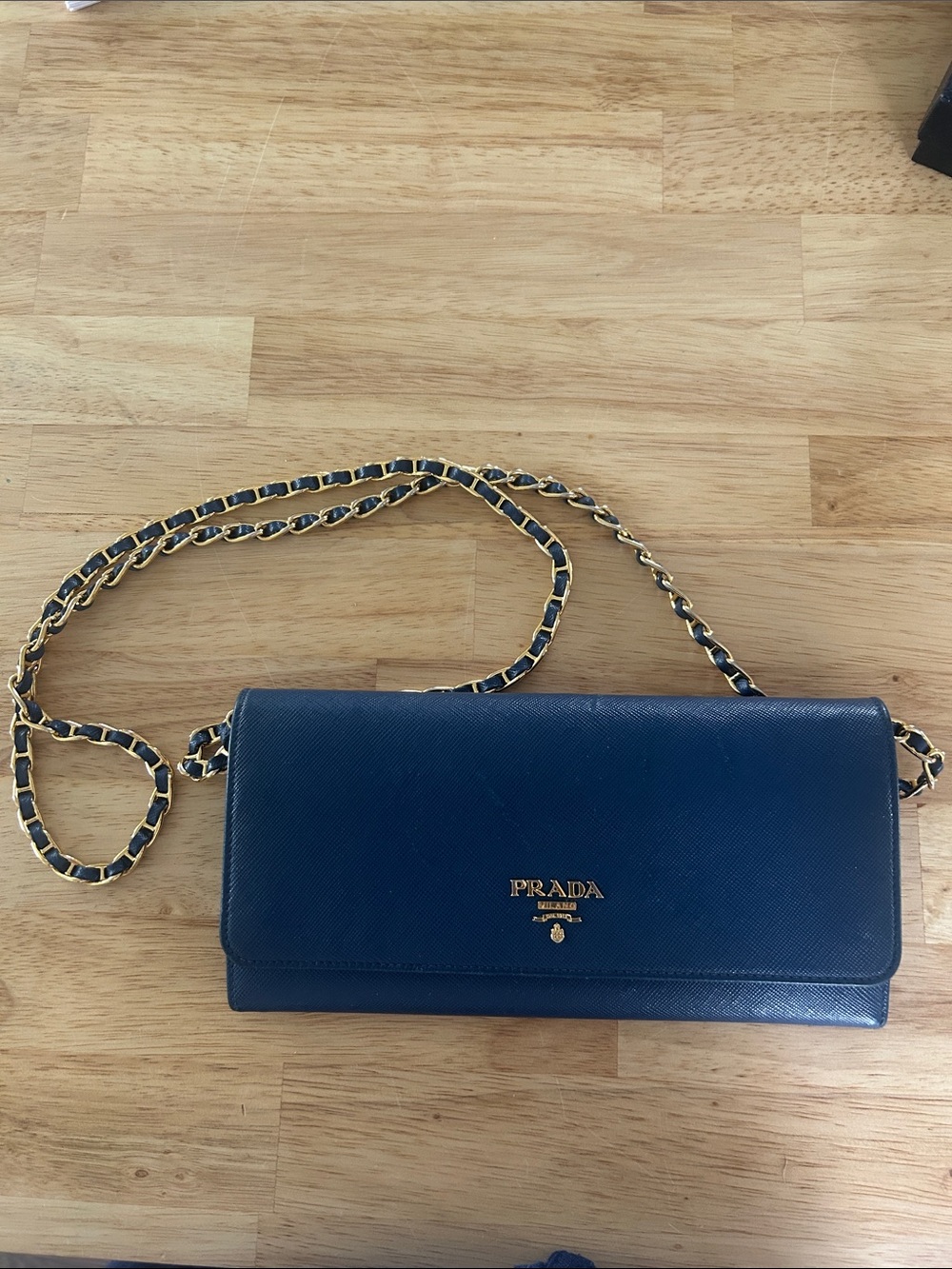 Prada Blue Saffiano Crossbody Wallet with Gold Chain